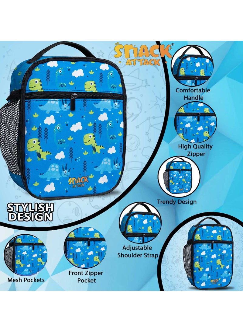 Snack attack حقيبة غداء الديناصور المعزولة للأطفال - صندوق غداء حراري مقاوم للتسرب مع حزام وجيب شبكي - تصميم دينو ممتع للأولاد والبنات - مثالي للمدرسة، ودار الرعاية، والنزهات - Image 4