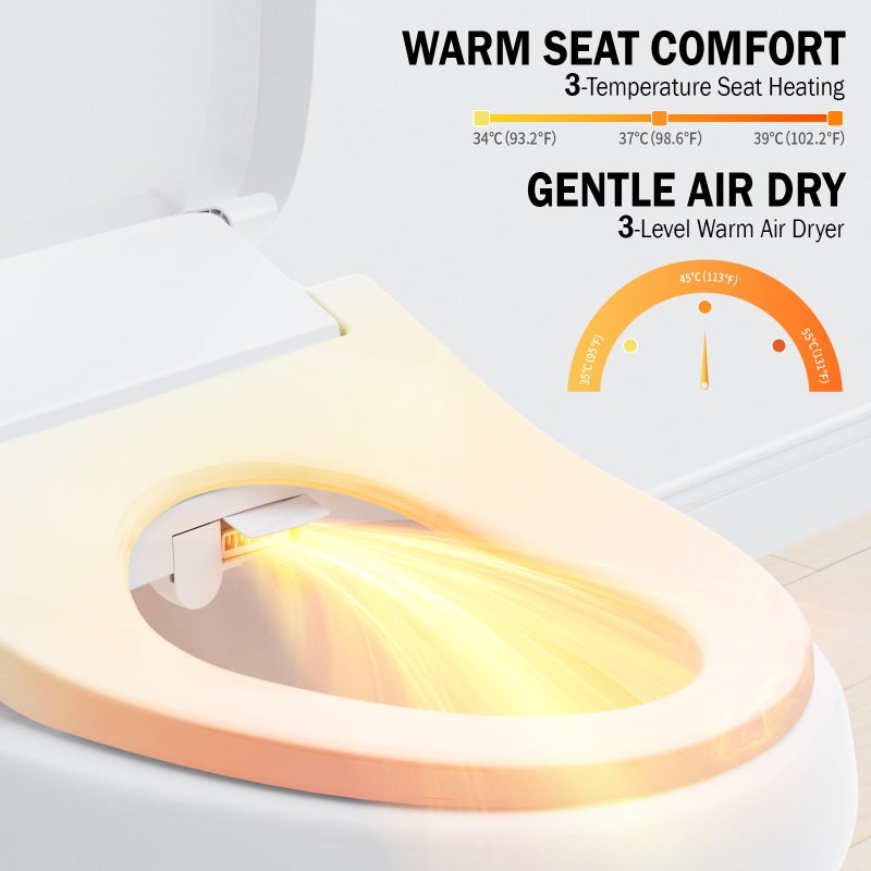 Clirass Electric Smart Bidet Toilet Seat, Warm Water and Adjustable Pressure, Elongated Heated Toilet Seat and Warm Air Drying, Slow Close Lid,Night Light,Wireless Remote,White (Elongated) - Image 4