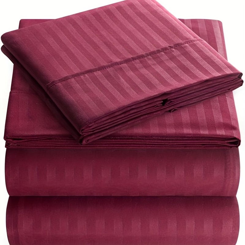 Queen 59 84 By 79 92 Inch Burgundy 4 Piece Deep Pocket Microfiber Striped Bed Sheet Set Wrinkle Resistant Luxury Soft - Image 4