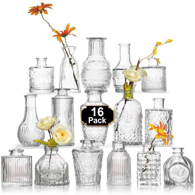 16PCS GLASS BUD VASE SETSMALL FLOWER VASE FOR CENTERPIECESCLEAR BUD VASES IN BULK MINI VINTAGE VASE FOR RUSTIC WEDDING DECORATIONS
