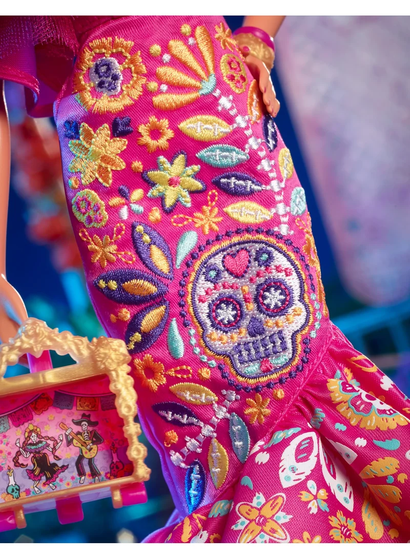 باربي Doll Wearing Ruffled Pink Gown And Holding Tiny Ofrenda