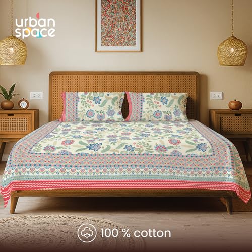 Urban Space 100% Cotton Jaipuri Handblock Premium Printed King Size Bedsheet with 2 Pillow Covers, 240 TC Cotton King Bedsheet (108 x 108 Inches, Noorjaal) - Image 2