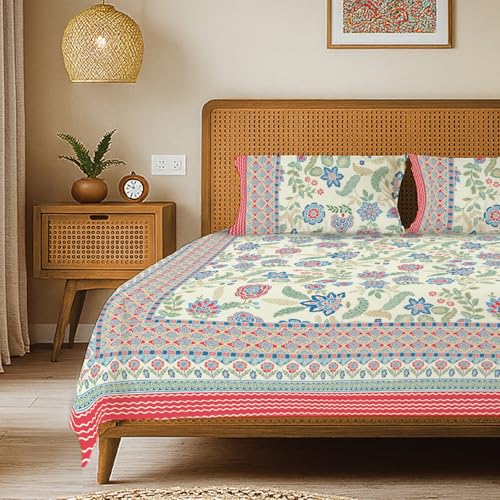 Urban Space 100% Cotton Jaipuri Handblock Premium Printed King Size Bedsheet with 2 Pillow Covers, 240 TC Cotton King Bedsheet (108 x 108 Inches, Noorjaal) - Image 1