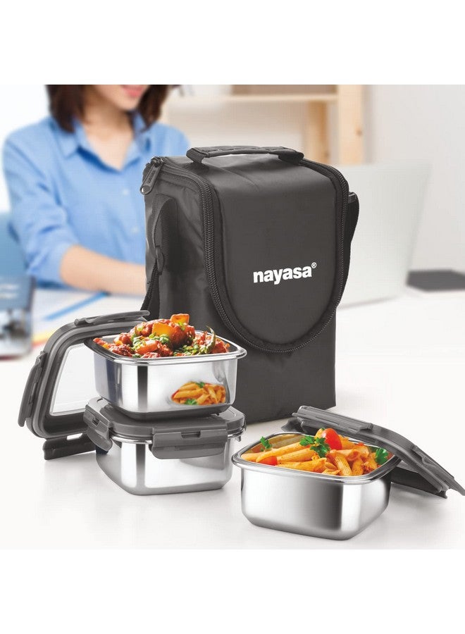 NAYASA Nayasa Eco Crunch 3 Lunch Box | 3 Containers of 300 ml Each | Ziper Pouch | Airtight & Leak Proof Lid | 4 Side Lock | Ideal for School | College | Office | Full Meal & Easy to Carry | Black  - Image 4