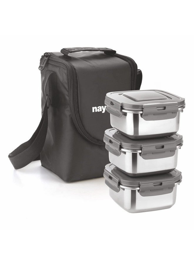 NAYASA Nayasa Eco Crunch 3 Lunch Box | 3 Containers of 300 ml Each | Ziper Pouch | Airtight & Leak Proof Lid | 4 Side Lock | Ideal for School | College | Office | Full Meal & Easy to Carry | Black  - Image 1