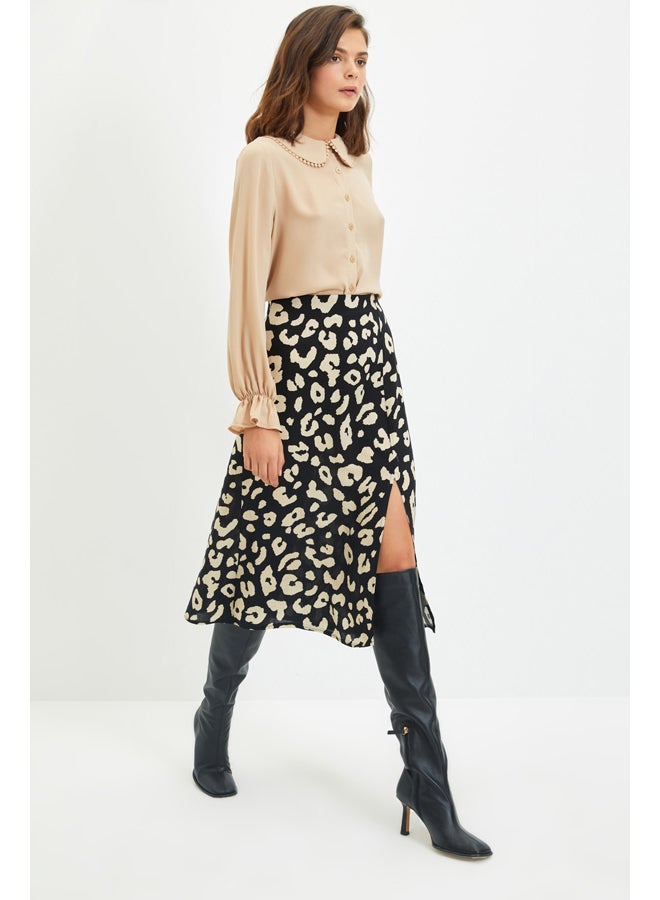 trendyol Black Slit Detailed Viscose Fabric Animal Patterned Midi Woven Skirt TWOAW22ET0447 - Image 1