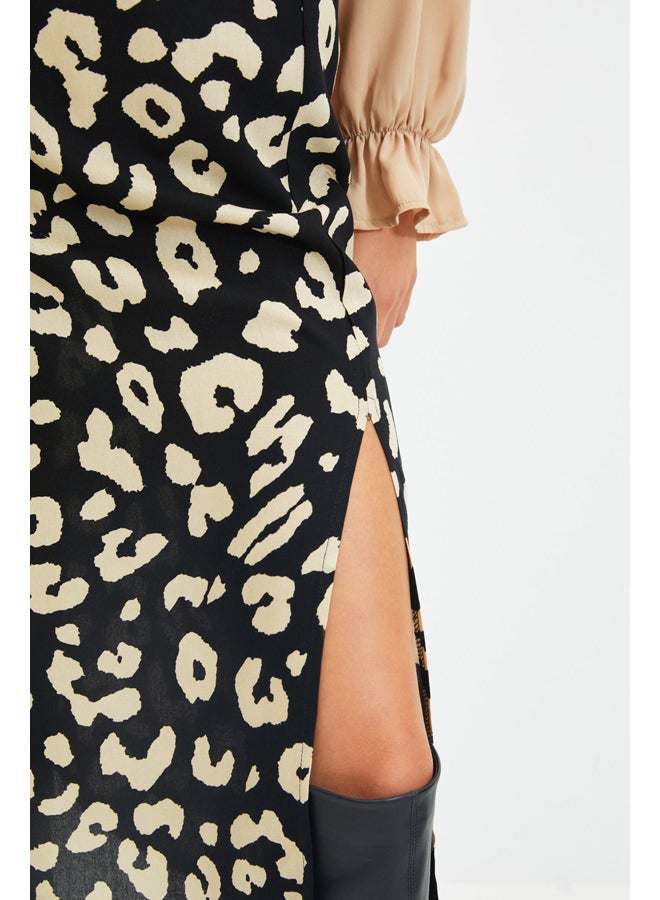 trendyol Black Slit Detailed Viscose Fabric Animal Patterned Midi Woven Skirt TWOAW22ET0447 - Image 3