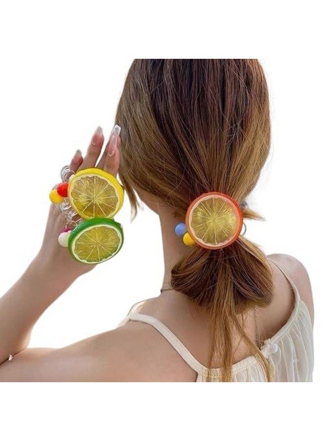 Lezoir Colorful Fruit Slice Hair Ties with Pom Poms, Elastic Hair Bands for Girls, Multi-Color (Pack of 3) - Image 1