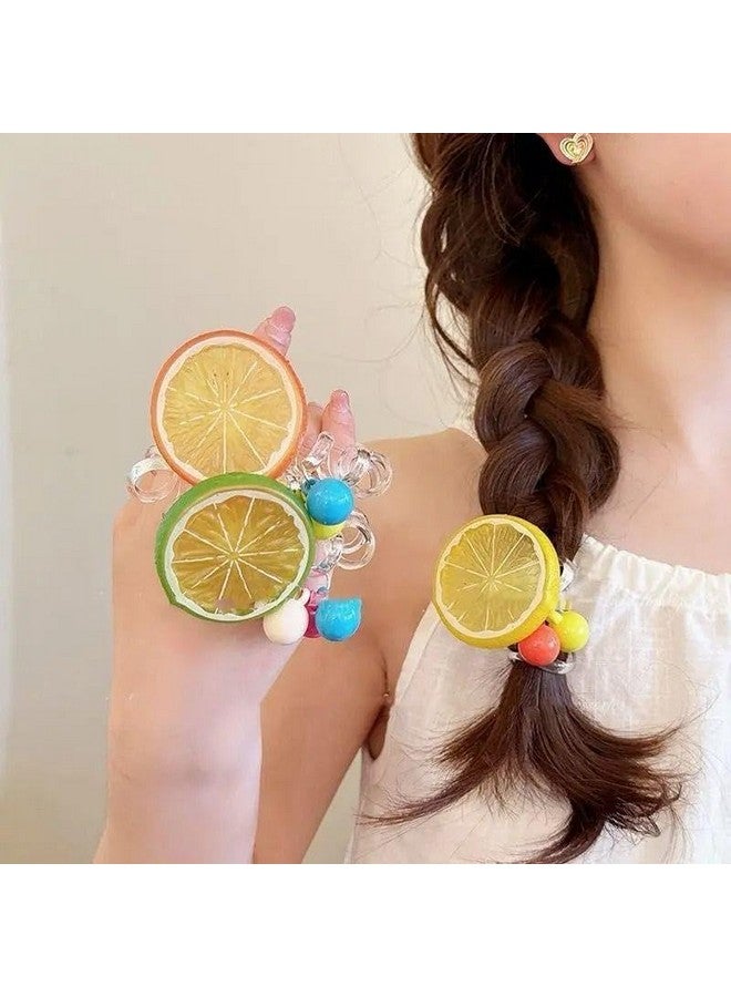 Lezoir Colorful Fruit Slice Hair Ties with Pom Poms, Elastic Hair Bands for Girls, Multi-Color (Pack of 3) - Image 3