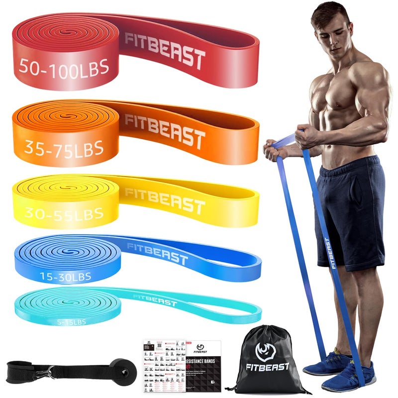 FitBeast مجموعة أحزمة سحب فيت بيست، 5 مستويات مختلفة من المقاومة (مطاط ملون 5-100 رطل) - Image 1
