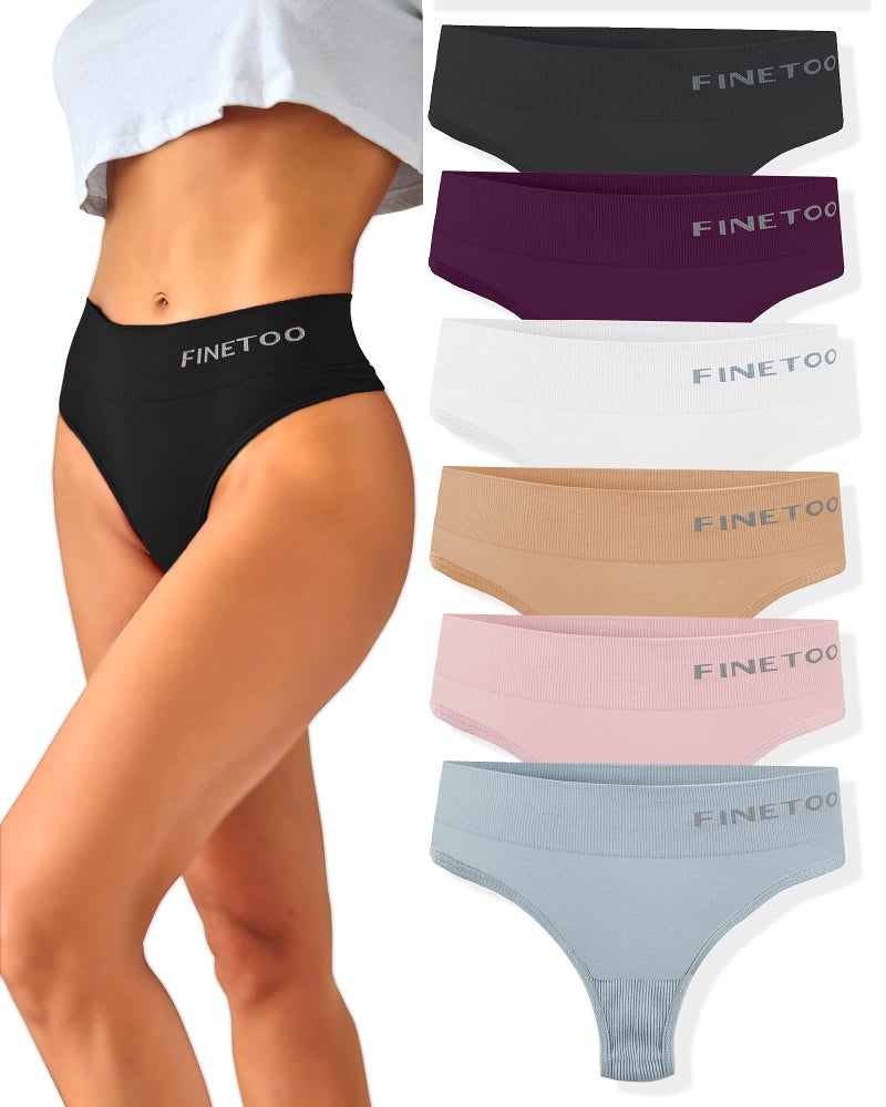 FINETOO 6 Pack High Waisted Thongs for Women, Nylon Spandex Panties Breathable Soft Stretchy Underwear High Rise S-XL (M) - Image 1
