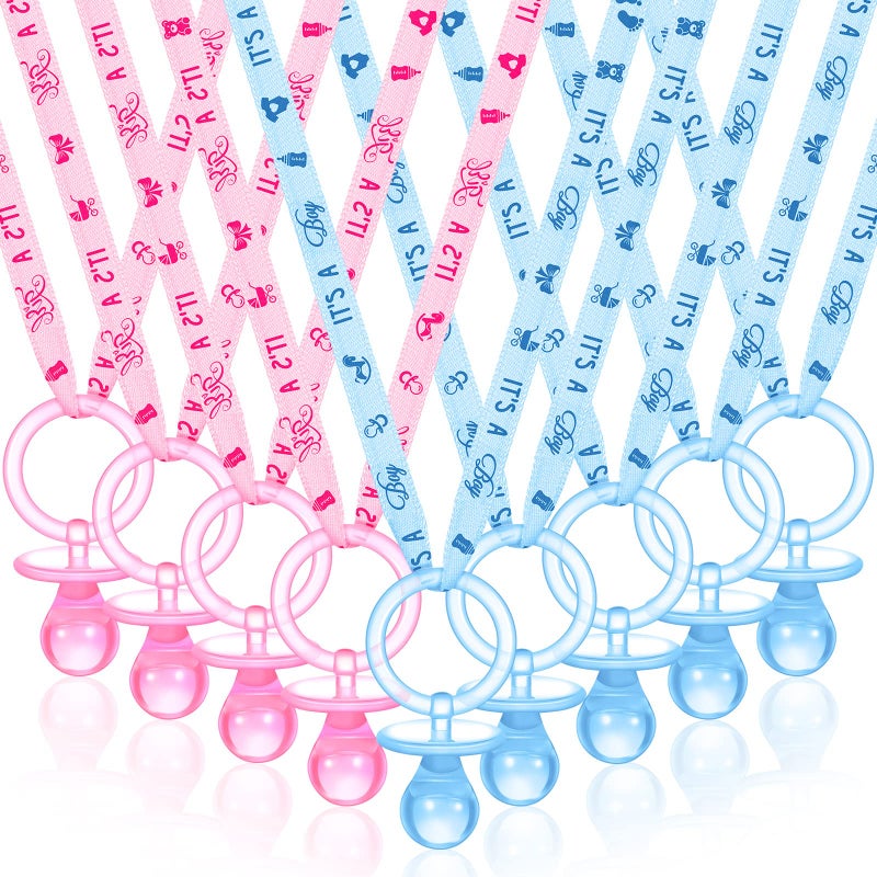 Coume Coume 36 Pieces Baby Shower Pacifiers Necklace Acrylic Baby Party Favors Pacifiers Charm Necklace for Baby Shower Party Decorations Table ScatterBlue Pink