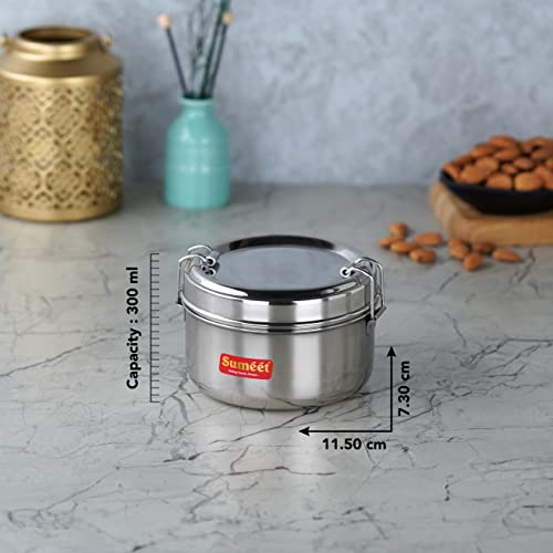 Sumeet Stainless Steel Meal Pack Lunch Box/Tiffin for Kids/School with Steel Separator Plate and Locking Clip, 300ML, 11.5cm Dia, Silver - Image 4