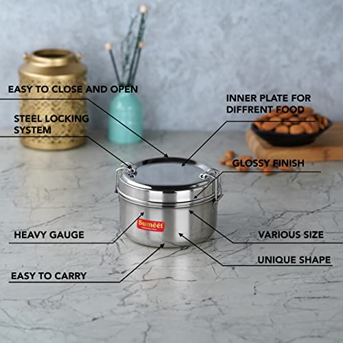 Sumeet Stainless Steel Meal Pack Lunch Box/Tiffin for Kids/School with Steel Separator Plate and Locking Clip, 300ML, 11.5cm Dia, Silver - Image 2