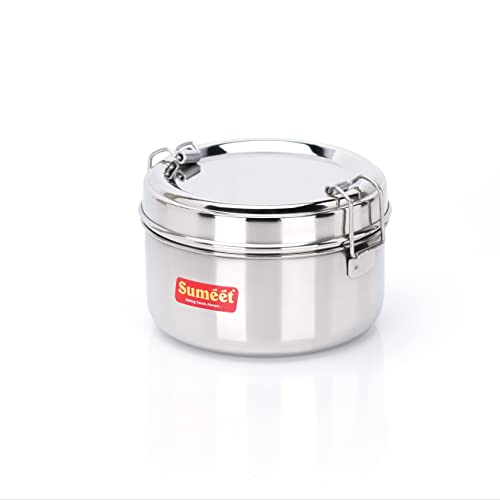Sumeet Stainless Steel Meal Pack Lunch Box/Tiffin for Kids/School with Steel Separator Plate and Locking Clip, 300ML, 11.5cm Dia, Silver - Image 1