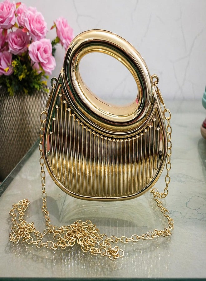 BLUSHARK Luxurious Handbag | Fashionable Golden Clutch bag wth Stripes | Metallic Mirror Finish with Detachable Gold Chain Strap | Stylish sling Bag for Girls & Women | Perfect for Party & Weddings - Image 3