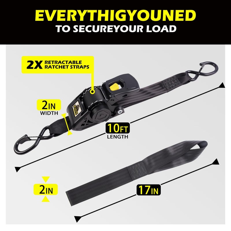 BCJCLTS Retractable Ratchet Straps 2" x 10ft, 3,000lb Break Strength, Heavy Duty Easy Release Tie Down for Trucks, Trailers, Motorcycles, ATVs, Secure Cargo Straps - Image 3
