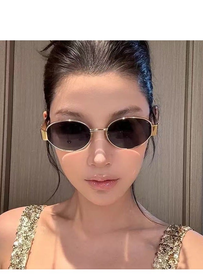 نظارات شمسية عصرية عصرية بيضاوية للنساء ذات إطار ذهبي (الذهب الأسود) - Image 1