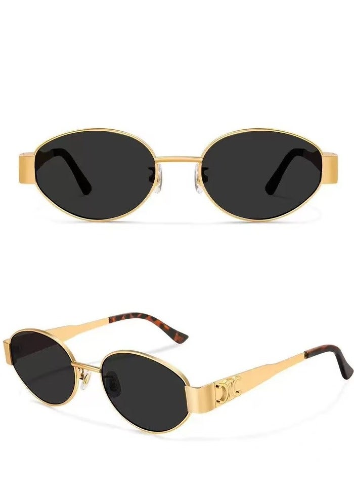 نظارات شمسية عصرية عصرية بيضاوية للنساء ذات إطار ذهبي (الذهب الأسود) - Image 2