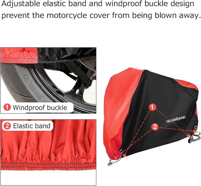 NEVERLAND Motorcycle Cover Waterproof Outdoor - Motorbike Scooter Covers Heavy Duty Medium with Lock-Holes, Bandage, Storage Bag Compatible with Harley Davidson Kawasaki Yamaha Honda Grom (Up to 86”) - Image 5