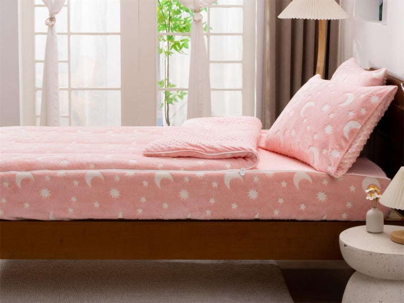 Aimuan Kids Zippered Comforter Set - Moon & Star Glow in The Dark Fleece Zipper Bedding for Girls (Twin, Pink-White) - Image 4