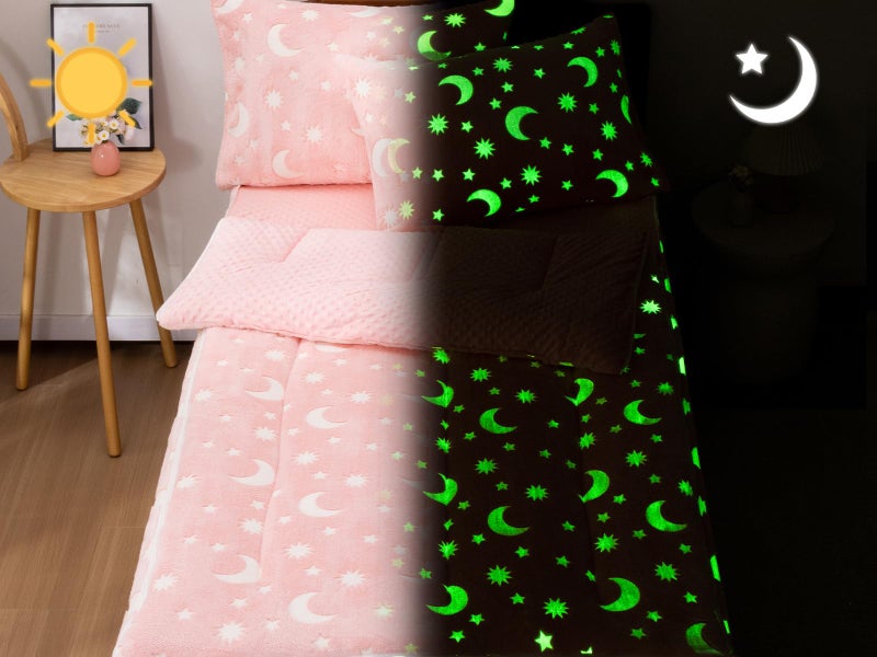 Aimuan Kids Zippered Comforter Set - Moon & Star Glow in The Dark Fleece Zipper Bedding for Girls (Twin, Pink-White) - Image 2