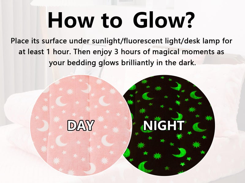 Aimuan Kids Zippered Comforter Set - Moon & Star Glow in The Dark Fleece Zipper Bedding for Girls (Twin, Pink-White) - Image 3