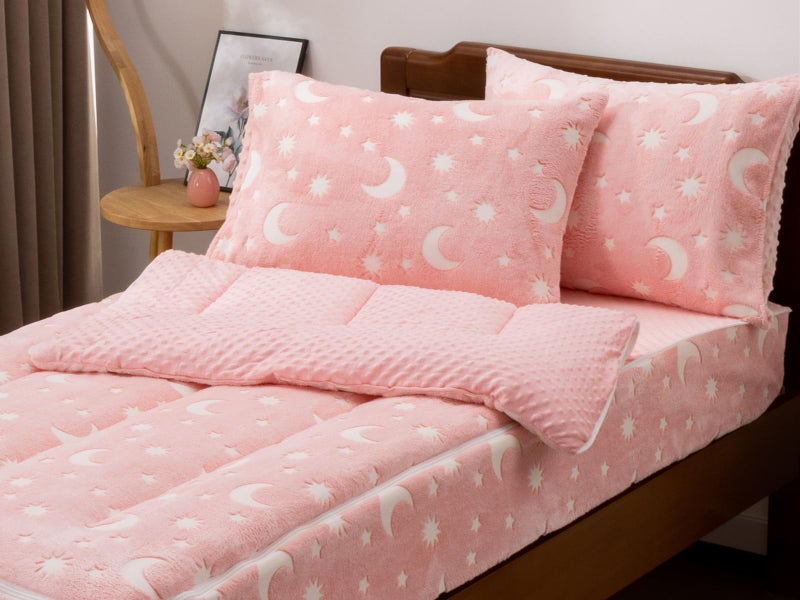 Aimuan Kids Zippered Comforter Set - Moon & Star Glow in The Dark Fleece Zipper Bedding for Girls (Twin, Pink-White) - Image 1