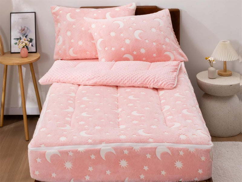 Aimuan Kids Zippered Comforter Set - Moon & Star Glow in The Dark Fleece Zipper Bedding for Girls (Twin, Pink-White) - Image 5