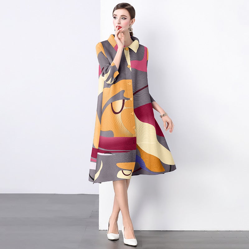 Miyake Mid-Length Loose Printed Slim-Looking Age-Reducing Plus Size Mm Lapel Pleated Nine-Point Sleeve Dress - Image 2