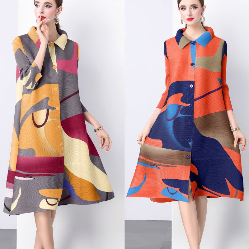 Miyake Mid-Length Loose Printed Slim-Looking Age-Reducing Plus Size Mm Lapel Pleated Nine-Point Sleeve Dress - Image 3