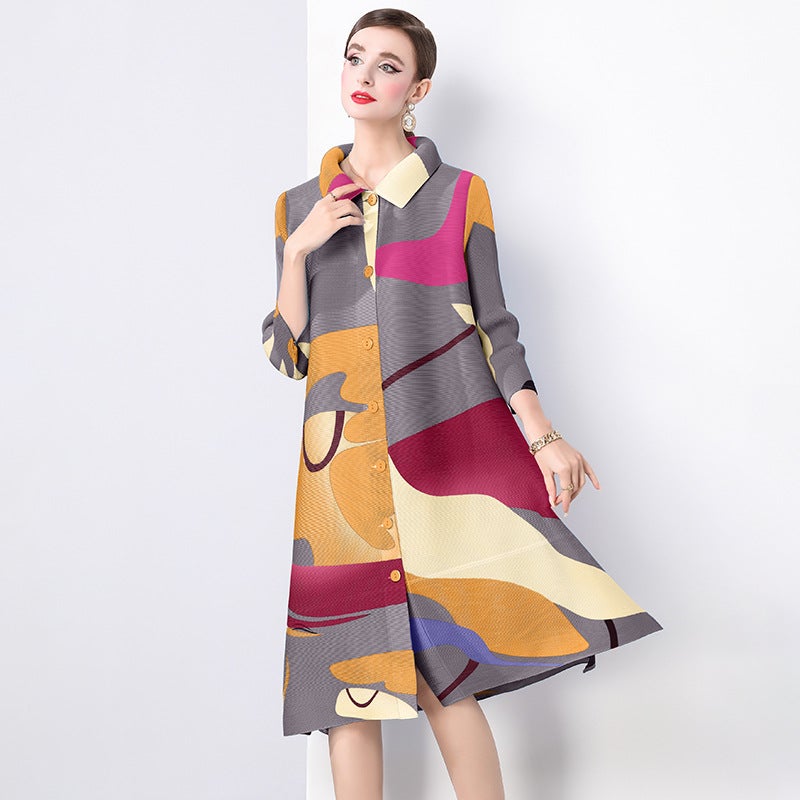 Miyake Mid-Length Loose Printed Slim-Looking Age-Reducing Plus Size Mm Lapel Pleated Nine-Point Sleeve Dress - Image 4