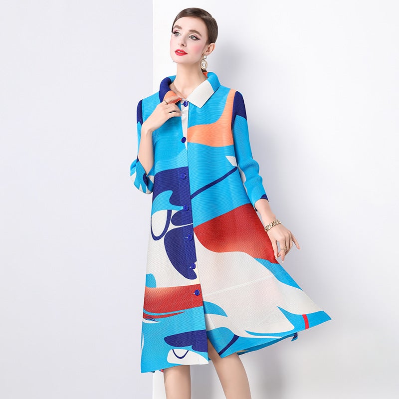 Miyake Mid-Length Loose Printed Slim-Looking Age-Reducing Plus Size Mm Lapel Pleated Nine-Point Sleeve Dress - Image 1