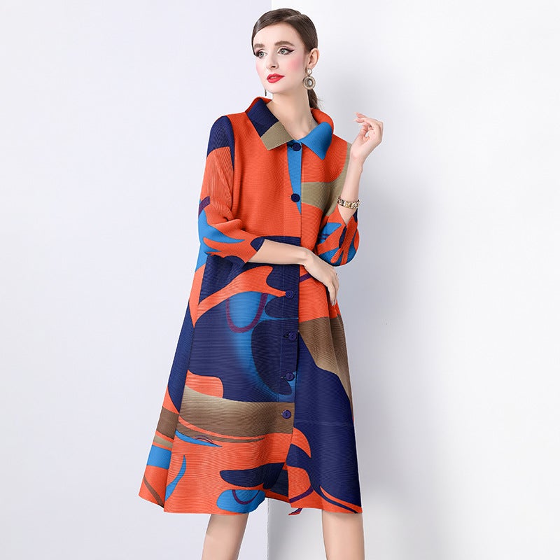 Miyake Mid-Length Loose Printed Slim-Looking Age-Reducing Plus Size Mm Lapel Pleated Nine-Point Sleeve Dress - Image 5