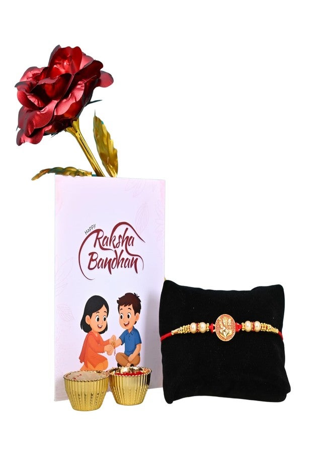 Poorak Religious Assorted Gift – 1 Rakhi, Red Rose, Roli Chawal & Greeting Card - Image 1