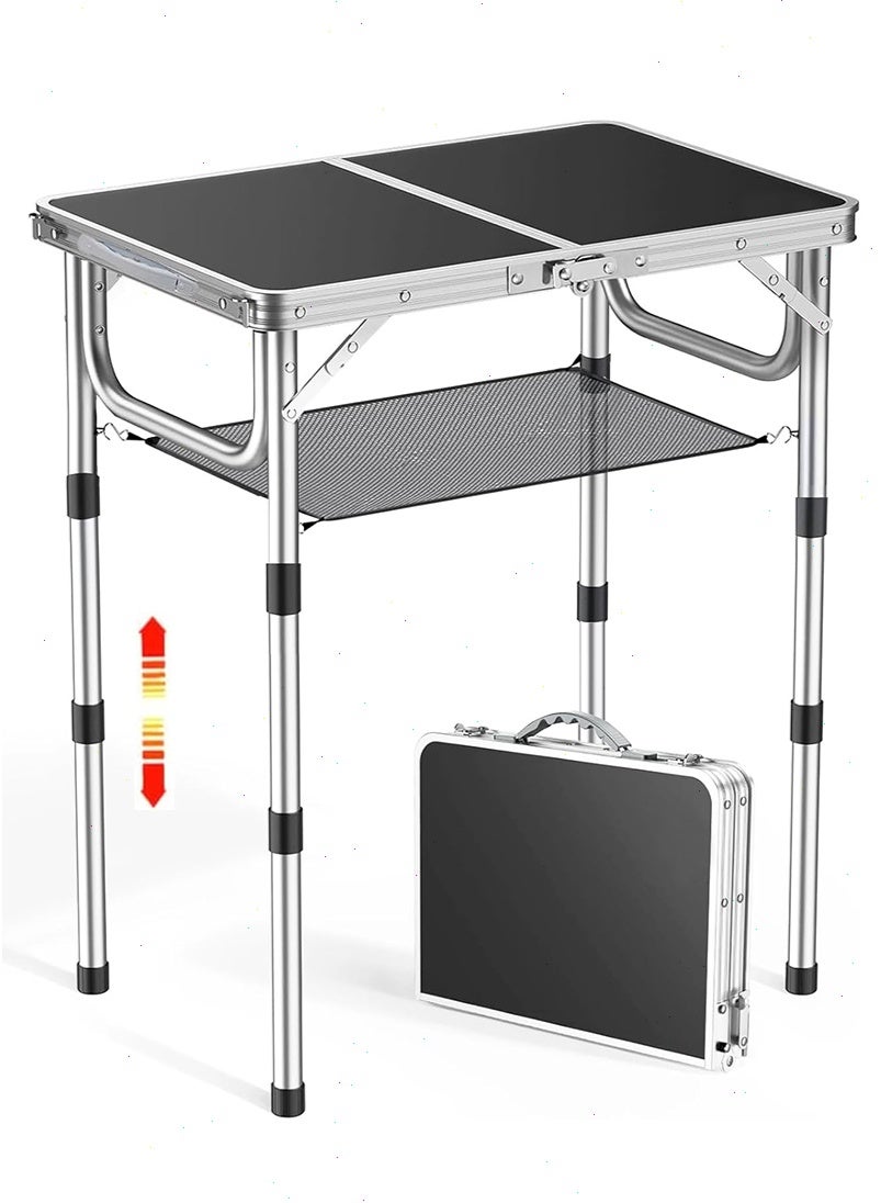 Folding Camping Table, Adjustable Heights Picnic Table with Mesh Storage Layer, Lightweight Fold-in-Half Table with Handle for BBQ, Party(Black)