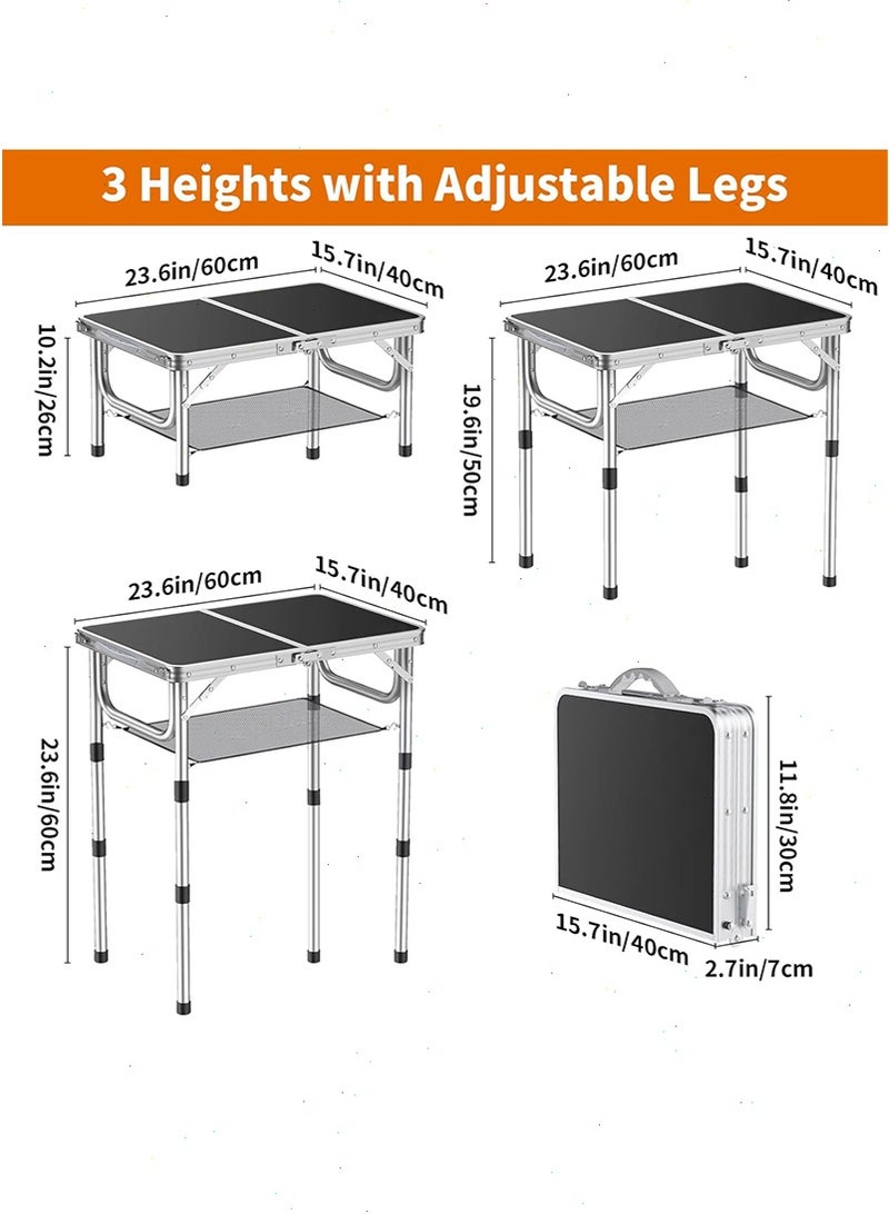 Yoawllty Folding Camping Table, Adjustable Heights Picnic Table with Mesh Storage Layer, Lightweight Fold-in-Half Table with Handle for BBQ, Party(Black) - Image 2