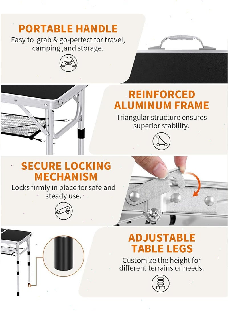 Yoawllty Folding Camping Table, Adjustable Heights Picnic Table with Mesh Storage Layer, Lightweight Fold-in-Half Table with Handle for BBQ, Party(Black) - Image 4