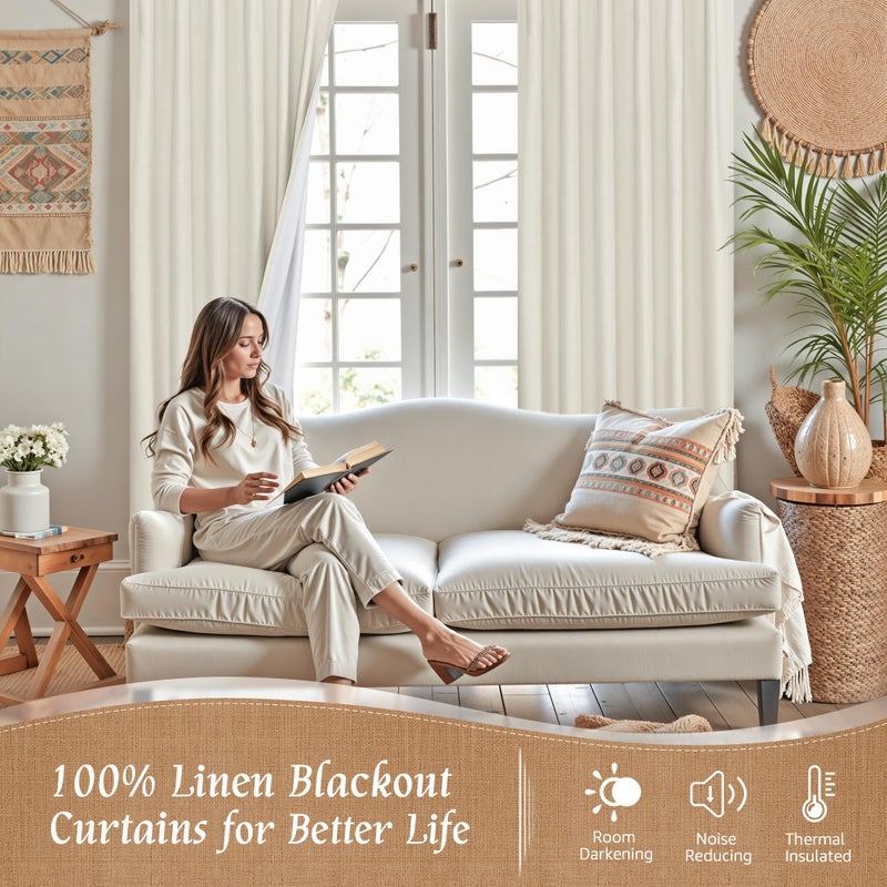 LAMIT Natural 100% Blackout Linen Curtains, 78 Inches Linen Textured Thermal Bedroom Curtains Back Tab and Rod Pocket Neutral Panels with White Liner for Farmhouse, 2 Panels, 52 x 78 Inch, Ivory - Image 3