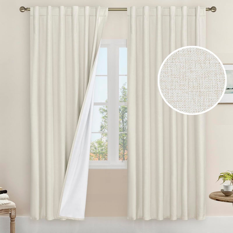 LAMIT Natural 100% Blackout Linen Curtains, 78 Inches Linen Textured Thermal Bedroom Curtains Back Tab and Rod Pocket Neutral Panels with White Liner for Farmhouse, 2 Panels, 52 x 78 Inch, Ivory - Image 1