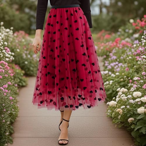 Reaowazo Skirts for Women Midi Long Length Dressy Casual Trendy Summer Tulle A-Line Floral High Waist Skirt Heart Red L-XL - Image 2