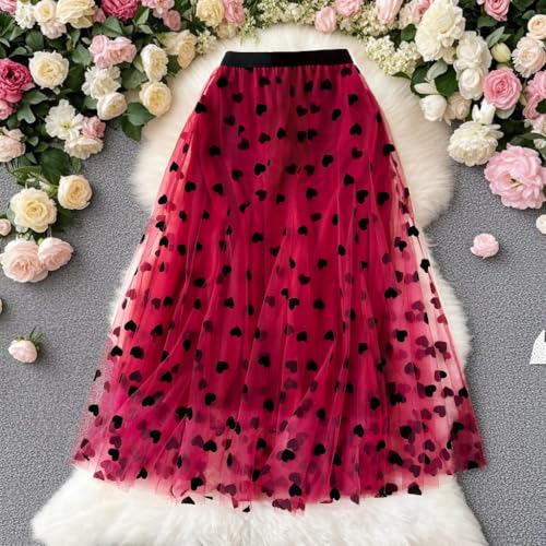 Reaowazo Skirts for Women Midi Long Length Dressy Casual Trendy Summer Tulle A-Line Floral High Waist Skirt Heart Red L-XL - Image 3