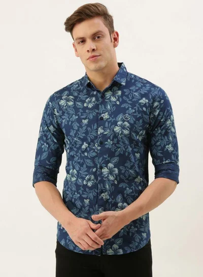 The Indian Garage Co Men Slim Fit Floral Printed Full Sleeves Cutaway Collar Casual Shirt