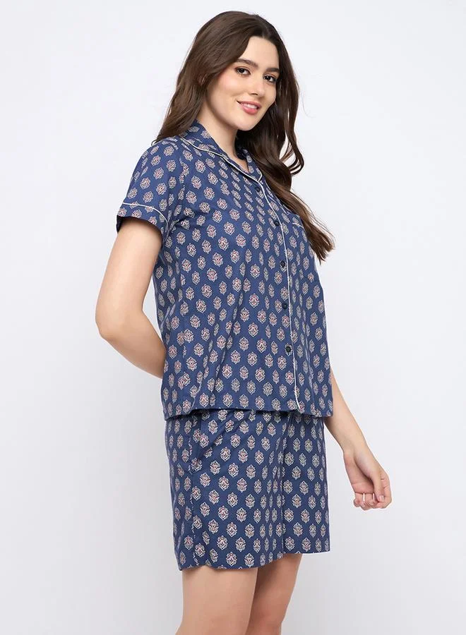 Clovia Clovia Floral Print Notch Lapel Shirt and Shorts Set