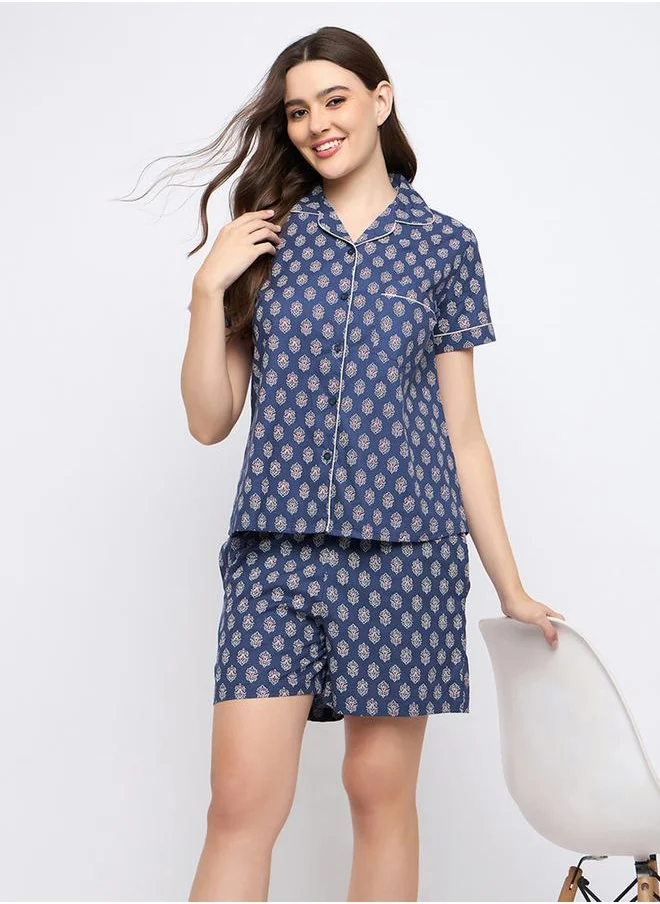 Clovia Clovia Floral Print Notch Lapel Shirt and Shorts Set