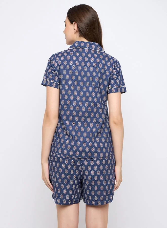 Clovia Clovia Floral Print Notch Lapel Shirt and Shorts Set
