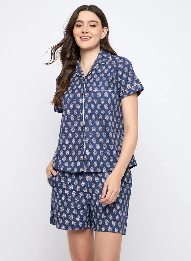 Clovia Clovia Floral Print Notch Lapel Shirt and Shorts Set