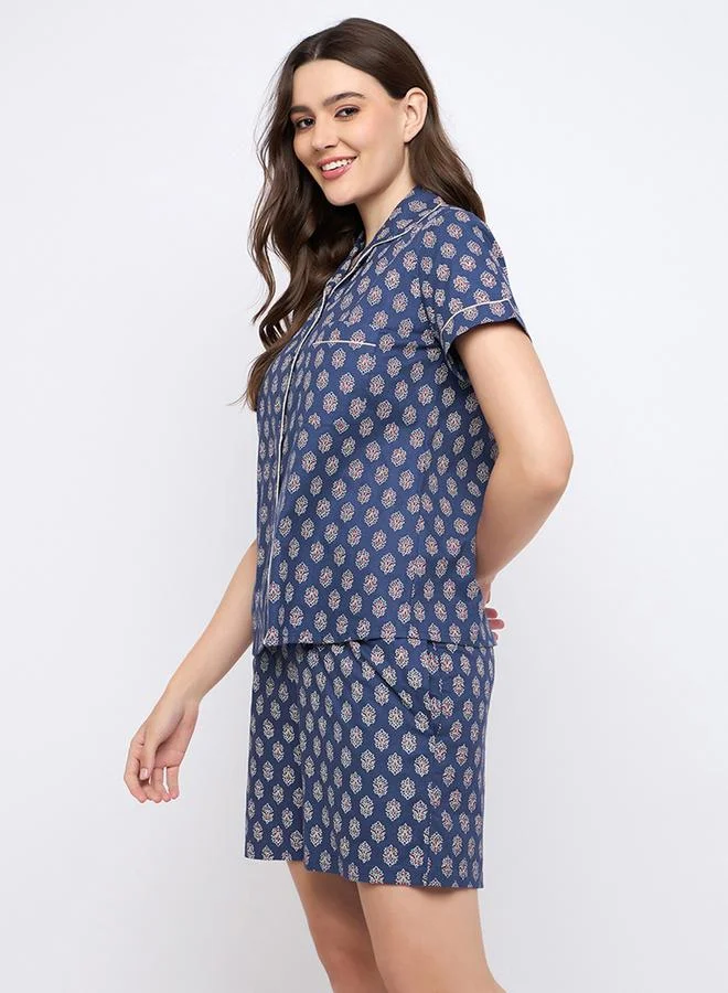 Clovia Clovia Floral Print Notch Lapel Shirt and Shorts Set