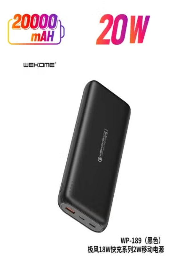ويكومي WP-189 Power Bank 20000mAh – 20W Super Fast Charging Portable Battery Pack with Dual USB Outputs, Type-C Input for Quick Recharge, High-Efficiency Compact Power Bank for Smartphones, Tablets & USB Devices, LED Indicator, Travel-Friendly – Black - Image 1