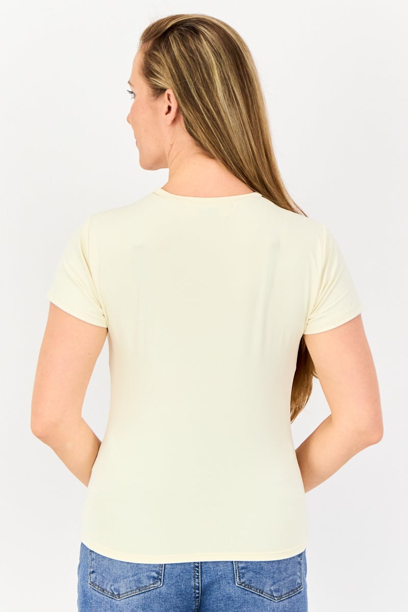 bebe Women Crew Neck Short Sleeve Solid T Shirt, Cream - Image 3